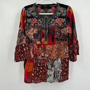 Caleaaa‎ Womens Boho Floral Patchwork Top Size M Maximalist Peasant Statement
